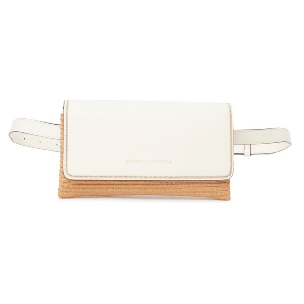 Brunello Cucinelli Two Tone Slim Shoulder & Belt Bag Cream Leather & Raffia NWT